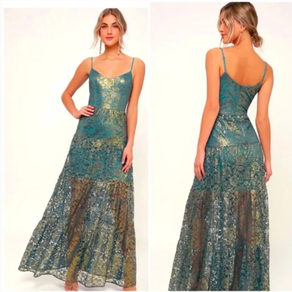 Antoinette Teal and Gold Metallic Lace Maxi Dress